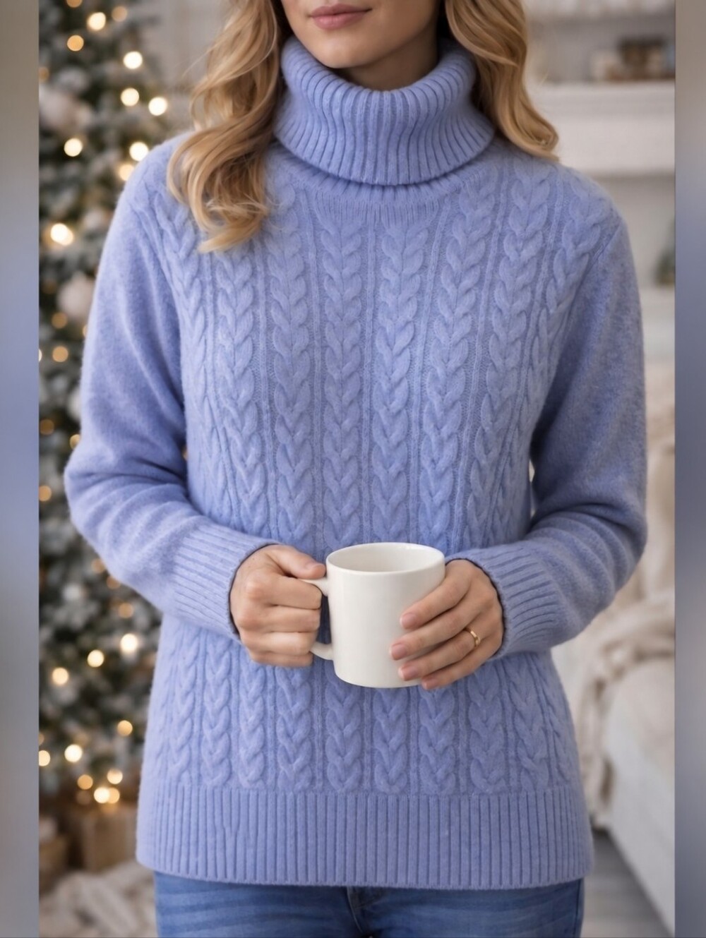Véro Cable Knit Turtleneck Sweater | Cozy Soft Blue Knit | Size M